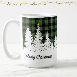 Taza De Café Rústico Plaid Búfalo Verde Bosque Feliz Navidad