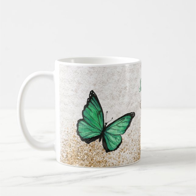 Taza De Café Rustico Vintage Esmeralda Verde Dorado Mariposa   (Izquierda)