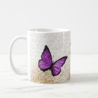 Taza De Café Rústico Vintage Morado Mariposa Dorada