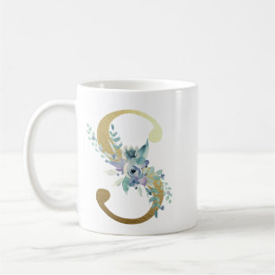 Taza De Café S, inicial dorada con follaje floral azul