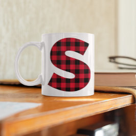 Taza De Café S Monograma Letra Negrita Cuadro Búfalo Rojo y Neg