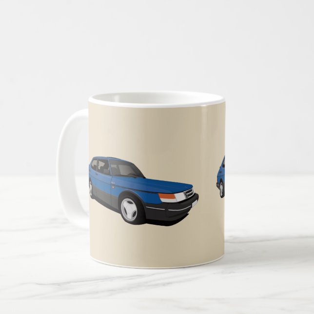 Taza De Café Saab 900 Turbo 16 Aero, dos imágenes azules (Anverso izquierdo)