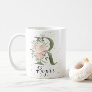 Taza De Café Sage Green Monograma Letra R Rubor Cream Floral