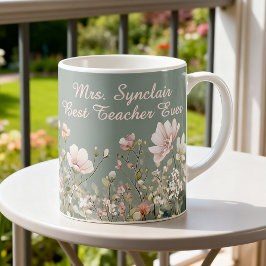 Taza De Café Sage Green Spring Floral Teacher Elegant Script