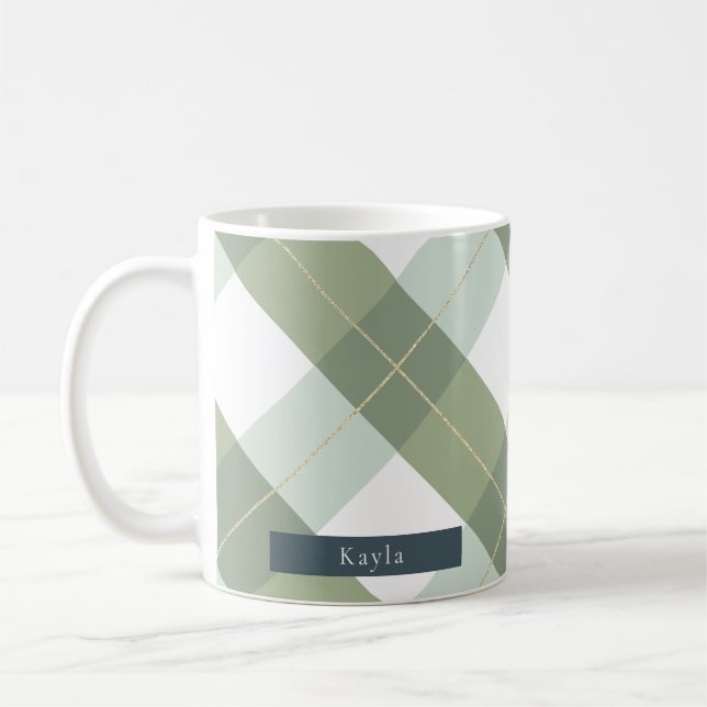 Taza De Café Sage Green y Gold Gingham Plaid (Izquierda)