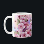 Taza De Café Sakura rosa sobre fondo de pintura<br><div class="desc">Dibujado artísticamente,  rama de rosa,  flores de cerezo sobre fondo pintoresco,  texturizado,  pintado con pintura blanca,  rosa y azul. Pink Sakura</div>