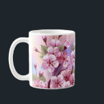 Taza De Café Sakura rosa sobre fondo de pintura<br><div class="desc">Dibujado artísticamente,  rama de rosa,  flores de cerezo sobre fondo pintoresco,  texturizado,  pintado con pintura blanca,  rosa y azul. Pink Sakura</div>