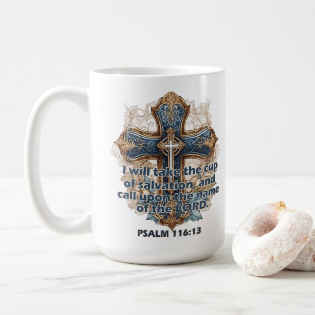 Taza De Café Salmo 116:13 Verso de la Biblia Inspiradora (Con donut)