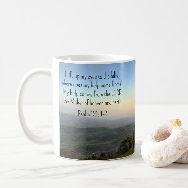 Taza De Café Salmo 121:1-2 * Mug * Levanto los ojos (Con donut)