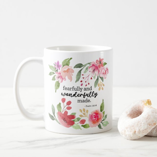 Taza De Café Salmo 139:14 - Hecho con miedo y maravilla (Con donut)
