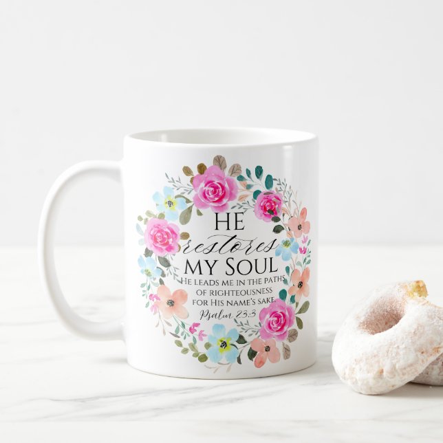 Taza De Café Salmo 23:3 - Restaura mi alma Biblia Floral Rosa (Con donut)