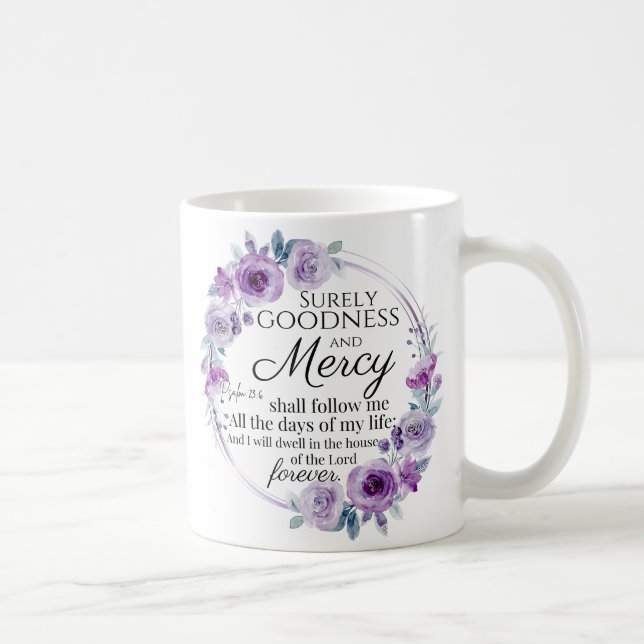 Taza De Café Salmo 23:6 Biblia Inspiradora versus morado floral (Derecha)
