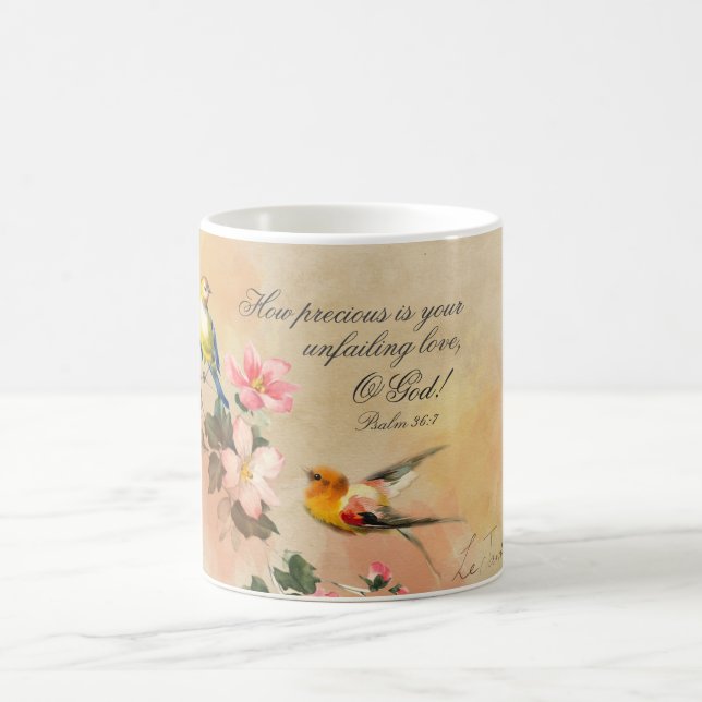Taza De Café Salmo 36:7 Verso de la Biblia, Aves y Flores Vinta (Centro)