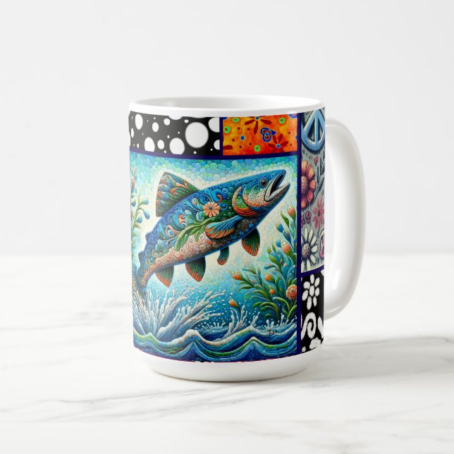 Taza De Café Salmon Crazy Quilt Floral Whimsical Colorful (Anverso derecho)