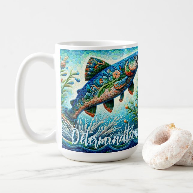 Taza De Café Salmon Jumping Mosaic Floral Blue Personalized (Con donut)