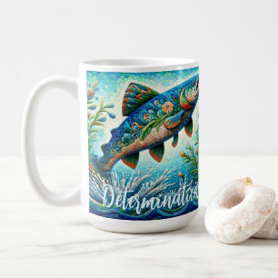 Taza De Café Salmón Saltando Mosaico Floral Azul Personalizado