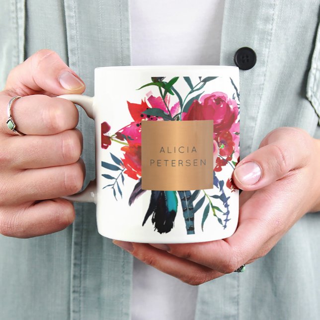 Taza De Café Salón de belleza nombre glam cobre acuarela flores (Subido por el creador)