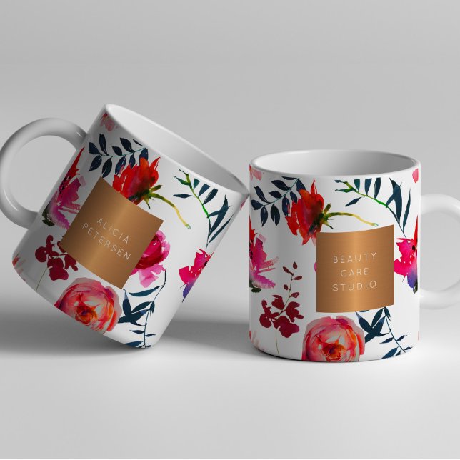 Taza De Café Salón de belleza nombre glam cobre acuarela flores (Subido por el creador)