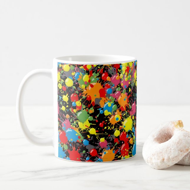 Taza De Café Salpicaduras de pintura en gotas de arcoíris PD (Con donut)