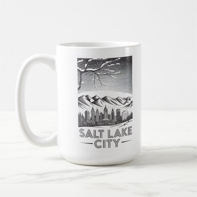 Taza De Café Salt Lake City Skyline Black and White Woodcut  (Izquierda)
