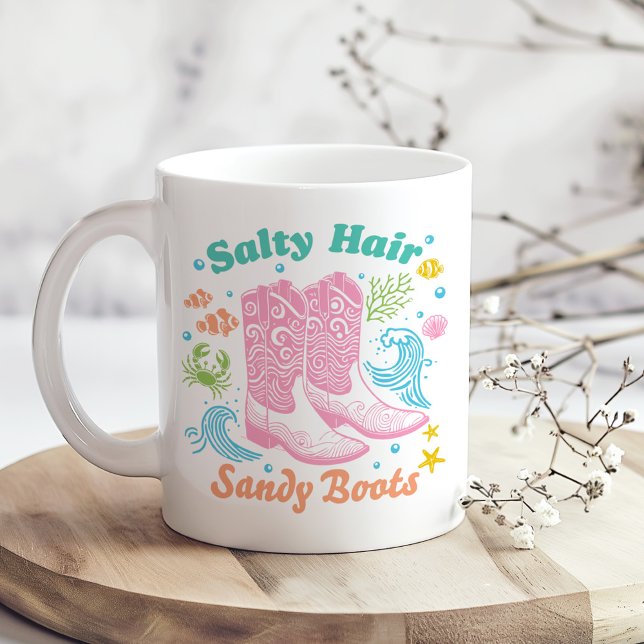 Taza De Café "Salty Hair Sandy Boots" Boho Coastre Cowgirl ("Salty Hair Sandy Boots" Boho Coastal Cowgirl Coffee Mug on a boho kitchen table with tiny flowers)
