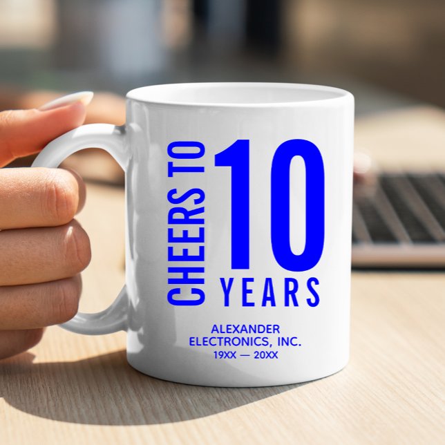 Taza De Café Saludos a 10 años de aniversario de negocios (Change to ANY YEAR! Lots of other colors and years done for you in our collection.)