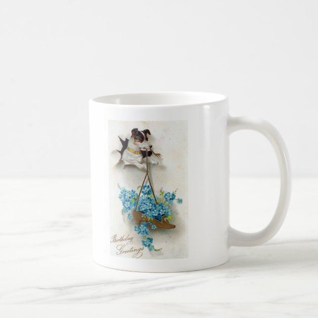 Taza De Café Saludos de cumpleaños de perro y zapato (Derecha)