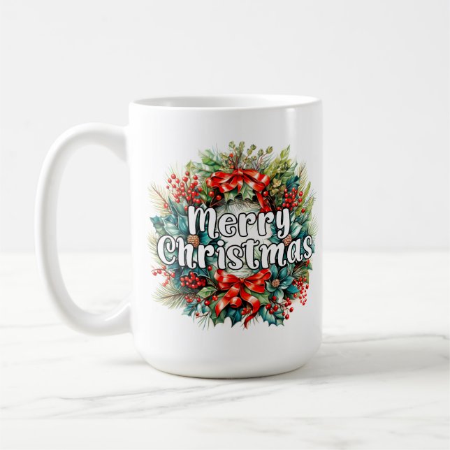 Taza De Café Saludos de Seasons | Feliz Navidad Wreath (Izquierda)