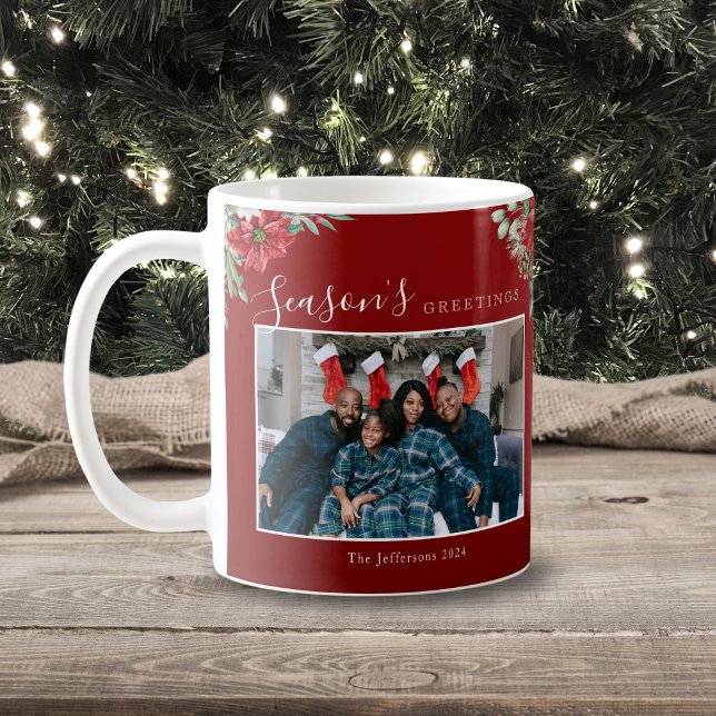 Taza De Café Saludos de temporada a Navidades fotográficos de P (Season's Greetings Poinsettia Photo Christmas Coffee Mug)
