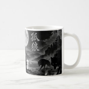Taza De Café Samurái Lobo Solitario Bajo la Luna – Arte Kanji (