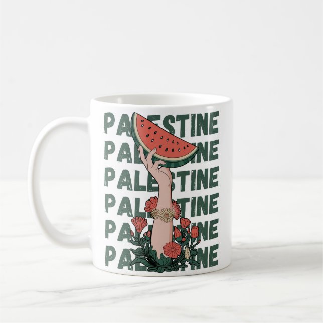 Taza De Café sandía, flores y texto palestino Repetir (Izquierda)