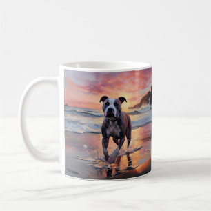 Taza De Café Sandy American Staffordshire Dog on Beach Sunset