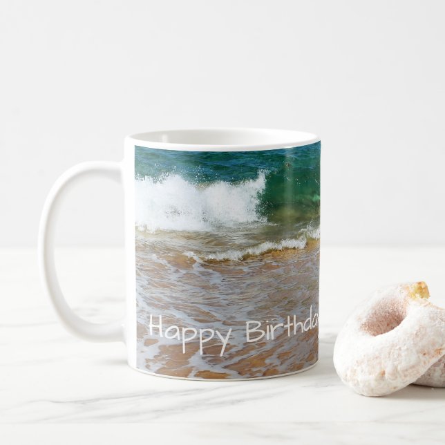 Taza De Café Sandy Beach and Waves Happy Birday Mug (Con donut)