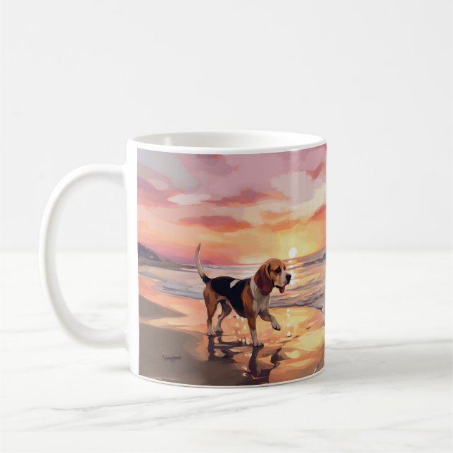 Taza De Café Sandy Paws Beagle Dog en Beach Sunset (Izquierda)