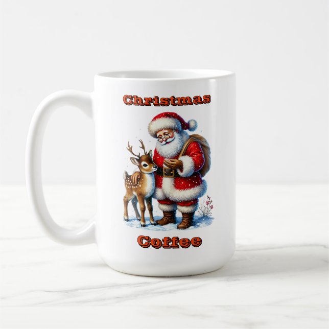 Taza De Café Santa Claus con un ciervo amistoso en la nieve de  (Izquierda)
