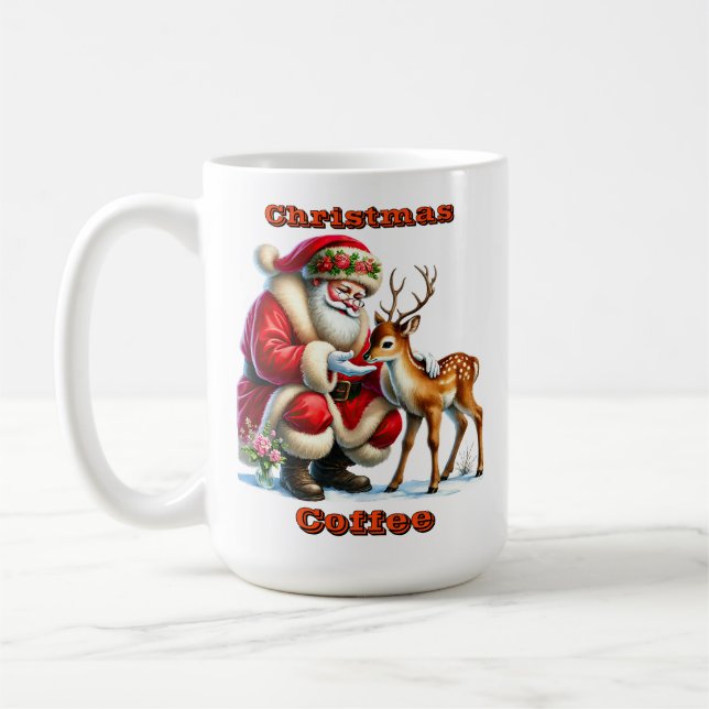 Taza De Café Santa Claus interactúa con un reno gentil (Izquierda)