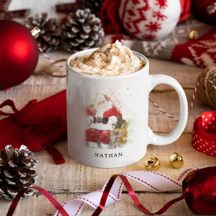 Taza De Café Santa Claus Personalizado Acuarela Tradicional