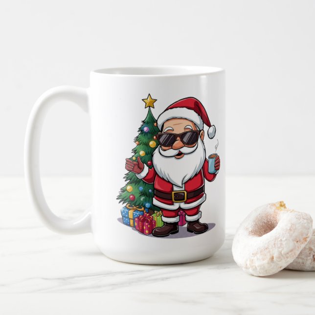 Taza De Café Santa Cool Mug with Sunglasses & Christmas Tree (Con donut)
