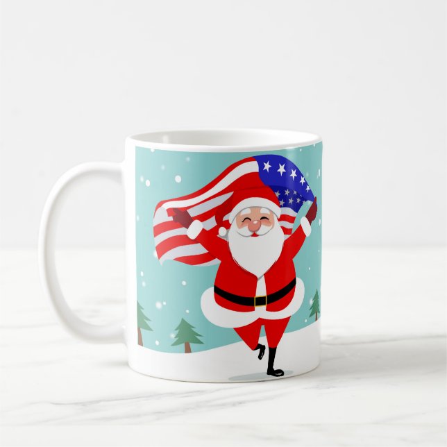 Taza De Café Santa corriendo con bandera estadounidense (Izquierda)