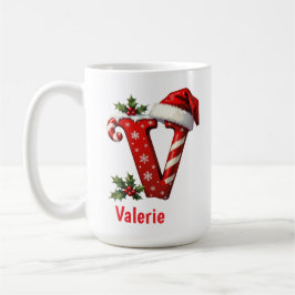 Taza De Café Santa elegante Monograma inicial V feliz Navidad 