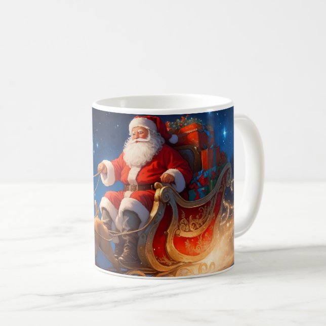 Taza De Café Santa entregando juguetes en una pendiente con ren (Anverso derecho)