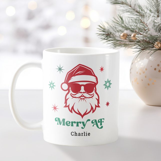 Taza De Café Santa fresca fresca de arándanos de sol estrellas  (Merry AF cool Santa in sunglasses retro stars Coffee Mug)