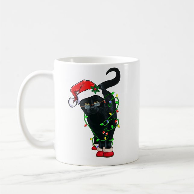 Taza De Café Santa Gato Negro Enfrentado En Luces Navidades (Izquierda)