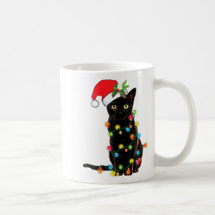 Taza De Café Santa Gato Negro Enredado En Luces De Navidad