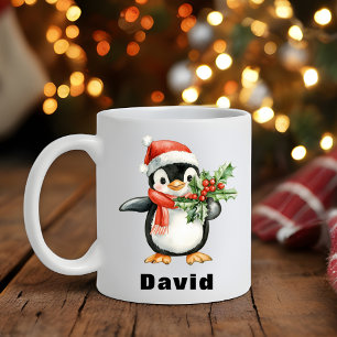 Taza De Café Santa Hat Pingüino Holly Navidades