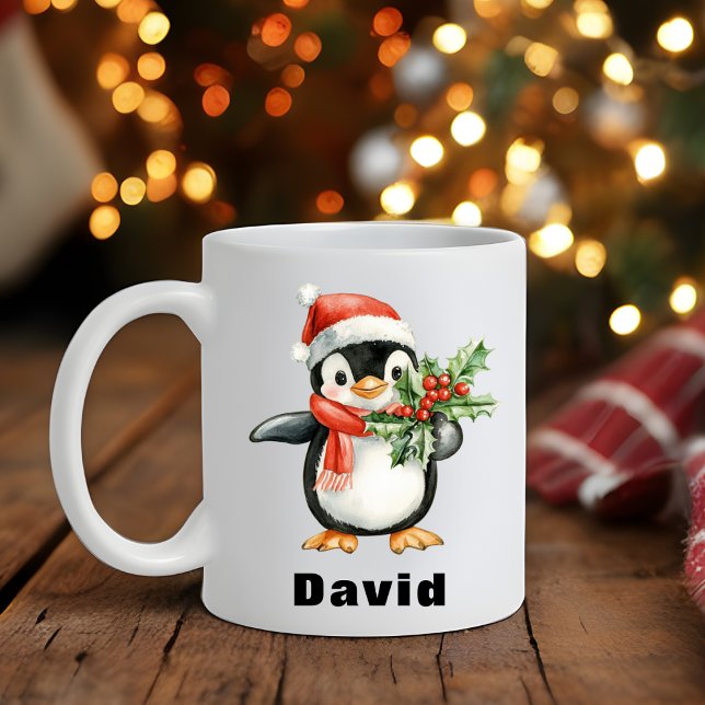 Taza De Café Santa Hat Pingüino Holly Navidades (Santa Hat Penguin Holding Christmas Holly Coffee Mug)