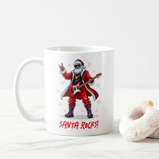 Taza De Café ¡Santa Rocks! Gracioso Santa Claus tocando la guit (Con donut)
