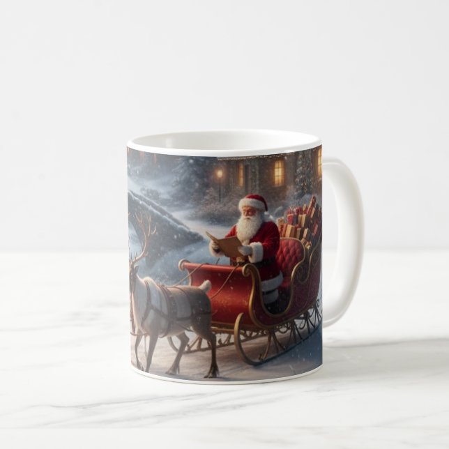 Taza De Café Santa Sleigh Reindeer Snowy Christmas Village Mug (Anverso derecho)