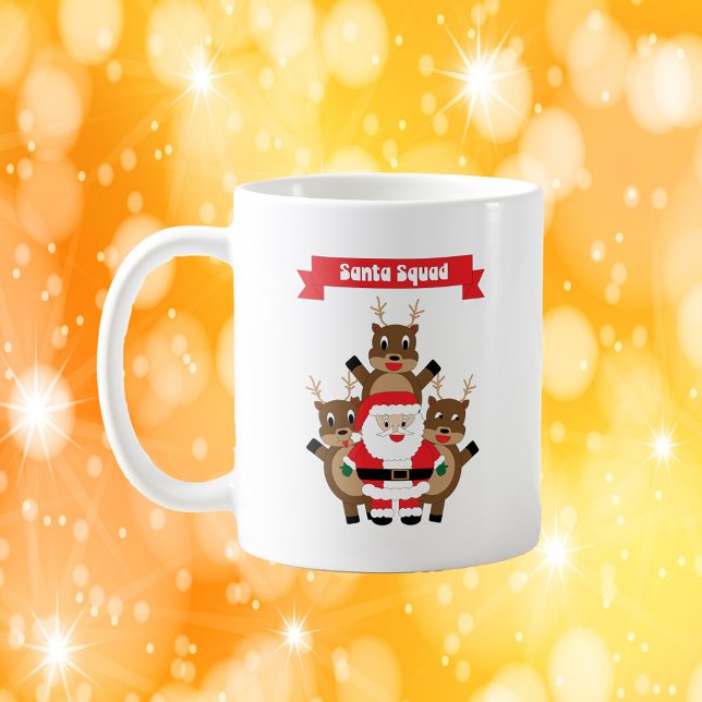 Taza De Café Santa Squad Reindeer Funny (A mug with a funny graphic of Santa and his reindeer.  The red banner says Santa Squad.)