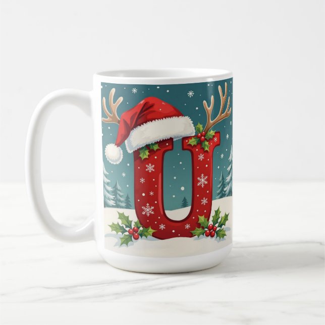 Taza De Café Santa's hat Monogrogram initial U merry Christmas  (Izquierda)